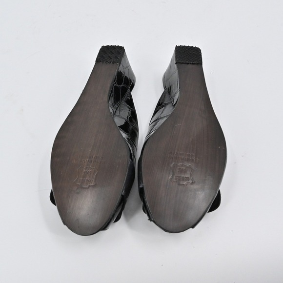 Stuart Weitzman Peep Toe Wedges Womens Sz 6.5 Black Patent Croc Embossed Slip On - Picture 6 of 9